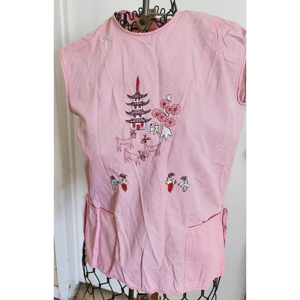 Small Pink Embroidered Frock, Smock, Apron,Grandwear, Pockets, Button‎ Up Back